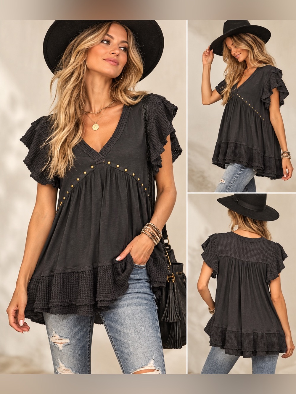 POL XL Black Studded Babydoll Tunic Top V Neck Waffle Knit Ruffle Boho Western